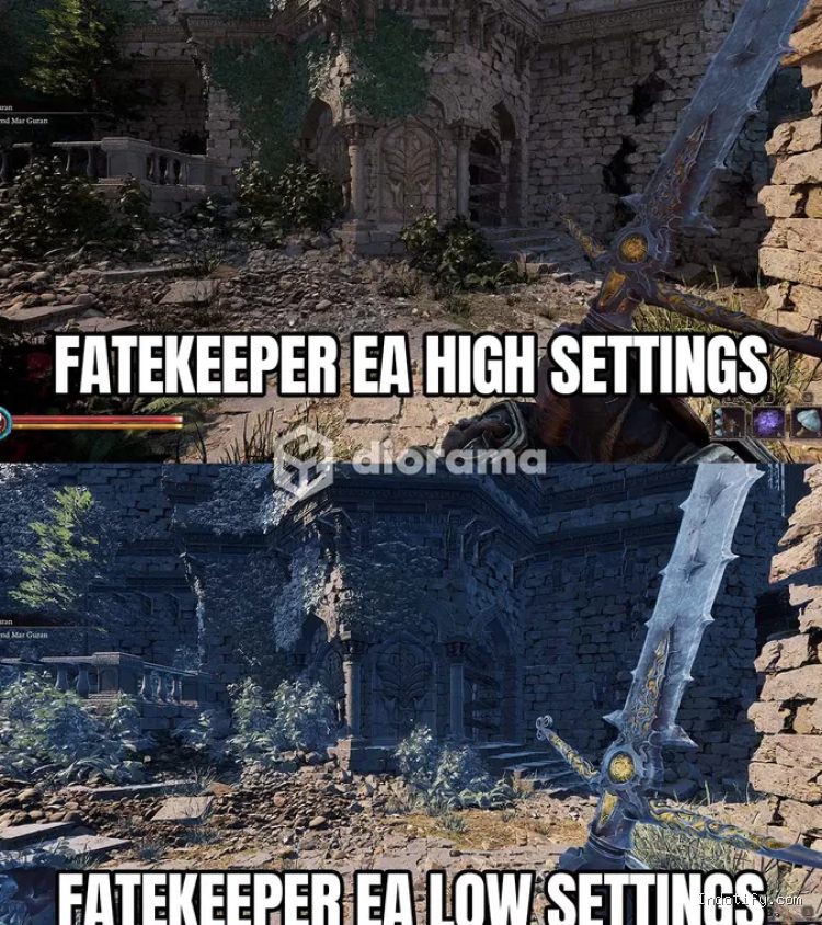 Perbedaan grafis Fatekeeper di High dan Low cukup terasa, versi low sekarang masih belum optimal, wajar, game-nya belum jadi / Paraglacial, THQ Nordic