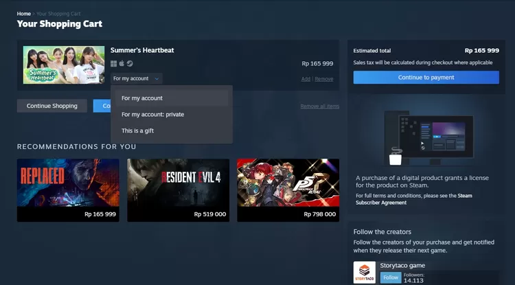 Pilih opsi pembelian game, untuk pribadi atau gift ke teman