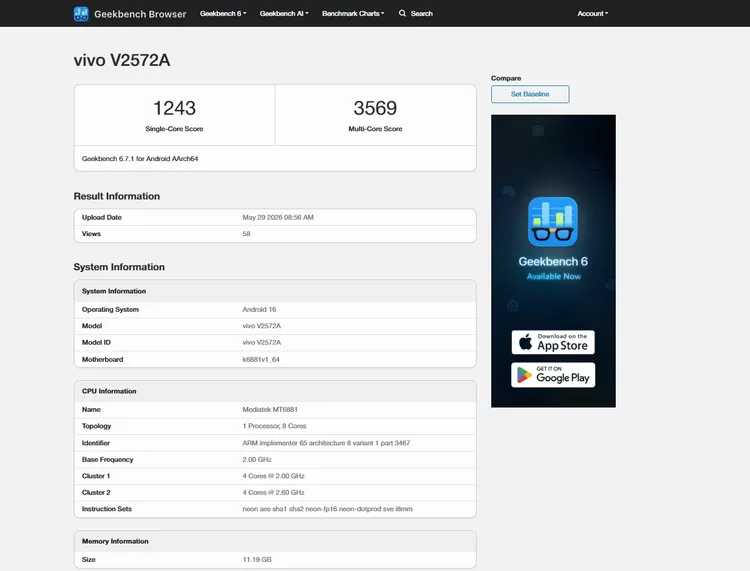 Laporan dari Geekbench sebut Vivo S60 Vitality Edition jadi ponsel pertama yang ditenagai Dimensity 7500